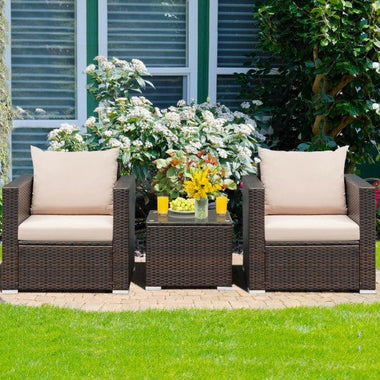  - 3 Pcs Patio Conversation Rattan Furniture Set with Cushion - Outdoor Style Company