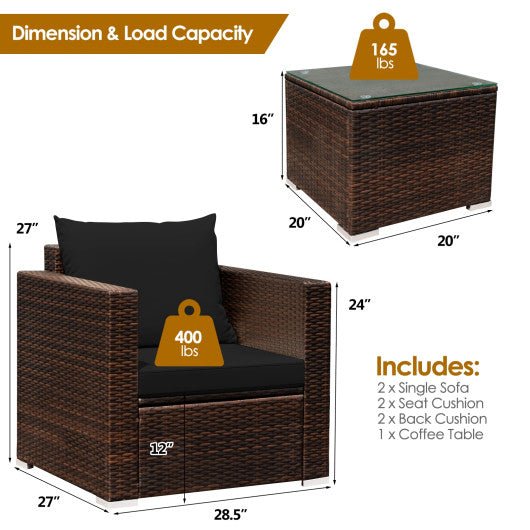  - 3 Pcs Patio Conversation Rattan Furniture Set with Cushion - Outdoor Style Company