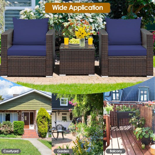  - 3 Pcs Patio Conversation Rattan Furniture Set with Cushion - Outdoor Style Company