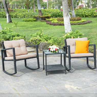  - 3 Pcs Wicker Rocking Bistro Set with Glass Coffee Table and Storage Shelf - Outdoor Style Company