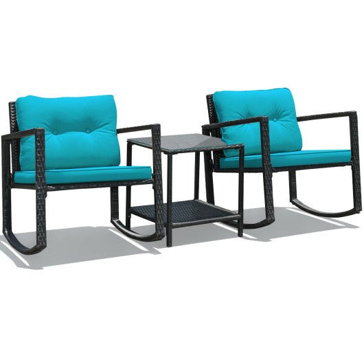  - 3 Pcs Wicker Rocking Bistro Set with Glass Coffee Table and Storage Shelf - Outdoor Style Company