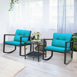  - 3 Pcs Wicker Rocking Bistro Set with Glass Coffee Table and Storage Shelf - Outdoor Style Company