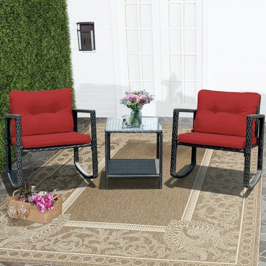  - 3 Pcs Wicker Rocking Bistro Set with Glass Coffee Table and Storage Shelf - Outdoor Style Company