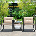  - 3 Pcs Wicker Rocking Bistro Set with Glass Coffee Table and Storage Shelf - Outdoor Style Company