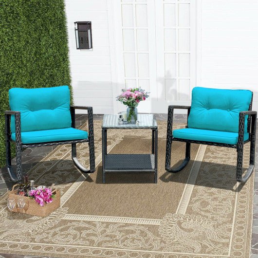  - 3 Pcs Wicker Rocking Bistro Set with Glass Coffee Table and Storage Shelf - Outdoor Style Company