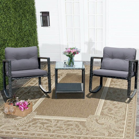  - 3 Pcs Wicker Rocking Bistro Set with Glass Coffee Table and Storage Shelf - Outdoor Style Company