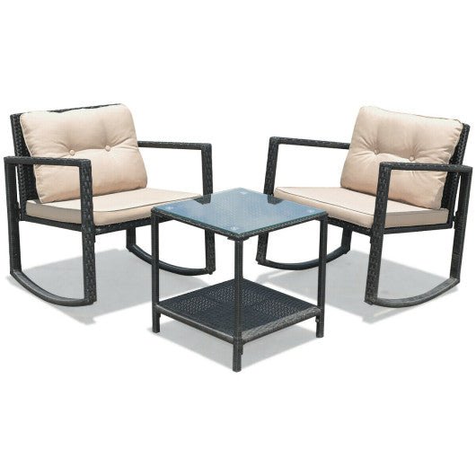  - 3 Pcs Wicker Rocking Bistro Set with Glass Coffee Table and Storage Shelf - Outdoor Style Company