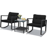  - 3 Pcs Wicker Rocking Bistro Set with Glass Coffee Table and Storage Shelf - Outdoor Style Company