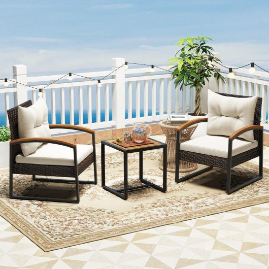  - 3 Piece Patio Conversation Set with Solid Acacia Wood Armrests and Tabletop - Outdoor Style Company