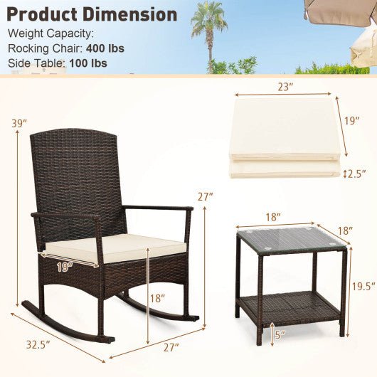  - 3 Piece Patio Rocking Set Wicker Rocking Chairs with 2 - Tier Coffee Table - Off White - Outdoor Style Company