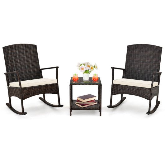  - 3 Piece Patio Rocking Set Wicker Rocking Chairs with 2 - Tier Coffee Table - Off White - Outdoor Style Company