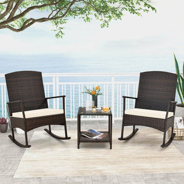  - 3 Piece Patio Rocking Set Wicker Rocking Chairs with 2 - Tier Coffee Table - Off White - Outdoor Style Company