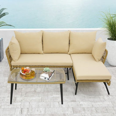  - 3 Pieces L - Shaped Patio Sofa with Cushions and Tempered Glass Table - Outdoor Style Company