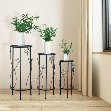  - 3 Pieces Metal Plant Stand Set with Crystal Floral Accents Round - Outdoor Style Company