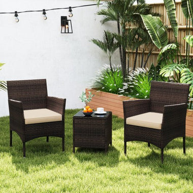  - 3 Pieces Outdoor Conversation Set with Cushioned Seat and Glass Tabletop - Outdoor Style Company