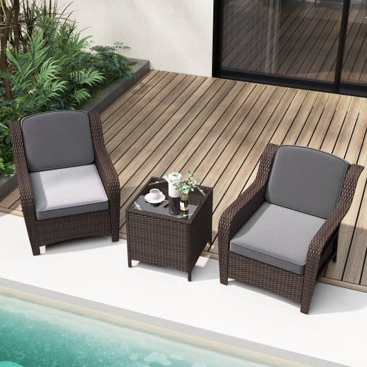  - 3 Pieces Outdoor Rattan Furniture Set with Cushions and Tempered Glass Coffee Table - Outdoor Style Company