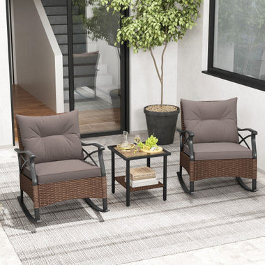  - 3 Pieces Outdoor Rattan Rocking Chairs Set with 2 - Tier Side Table for Garden Backyard - Outdoor Style Company