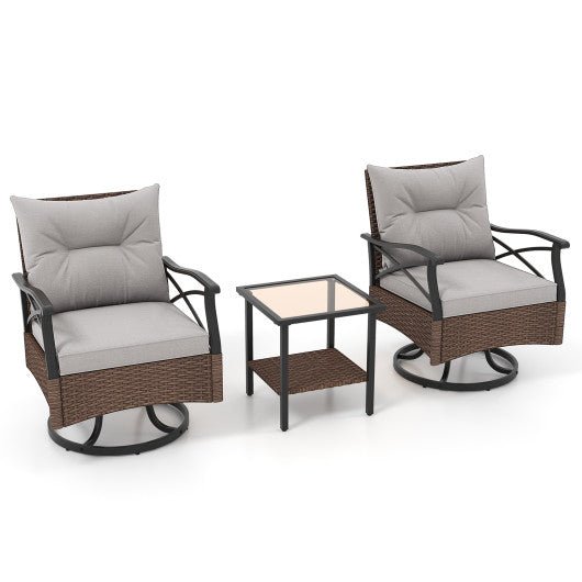  - 3 Pieces Outdoor Swivel Rocking Chairs Set with 2 - Tier Tempered Glass Side Table - Outdoor Style Company