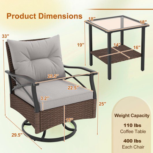  - 3 Pieces Outdoor Swivel Rocking Chairs Set with 2 - Tier Tempered Glass Side Table - Outdoor Style Company