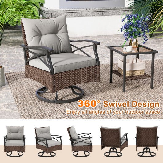  - 3 Pieces Outdoor Swivel Rocking Chairs Set with 2 - Tier Tempered Glass Side Table - Outdoor Style Company