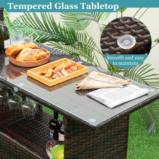  - 3 Pieces Outdoor Wicker Bar Set with 3 Rows Stemware Racks - Outdoor Style Company