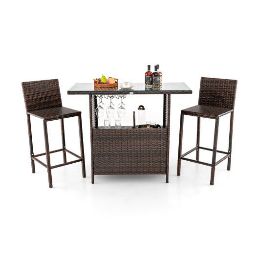  - 3 Pieces Outdoor Wicker Bar Set with 3 Rows Stemware Racks - Outdoor Style Company