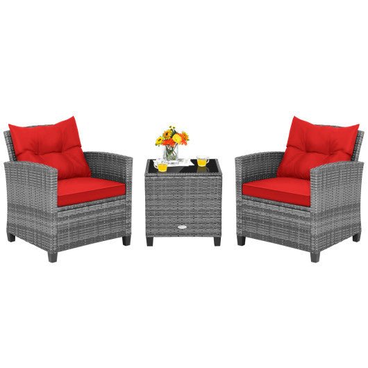  - 3 Pieces Outdoor Wicker Conversation Set with Tempered Glass Tabletop - Outdoor Style Company