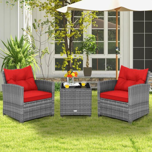  - 3 Pieces Outdoor Wicker Conversation Set with Tempered Glass Tabletop - Outdoor Style Company