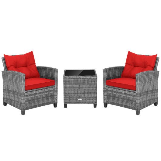  - 3 Pieces Outdoor Wicker Conversation Set with Tempered Glass Tabletop - Outdoor Style Company