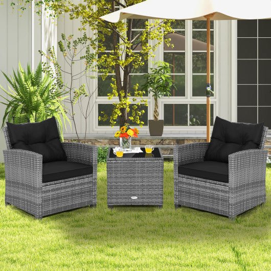  - 3 Pieces Outdoor Wicker Conversation Set with Tempered Glass Tabletop - Outdoor Style Company