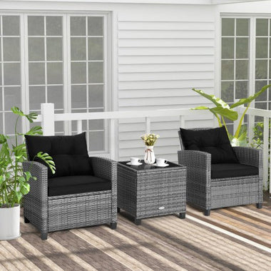  - 3 Pieces Outdoor Wicker Conversation Set with Tempered Glass Tabletop - Outdoor Style Company