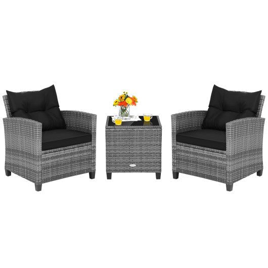  - 3 Pieces Outdoor Wicker Conversation Set with Tempered Glass Tabletop - Outdoor Style Company