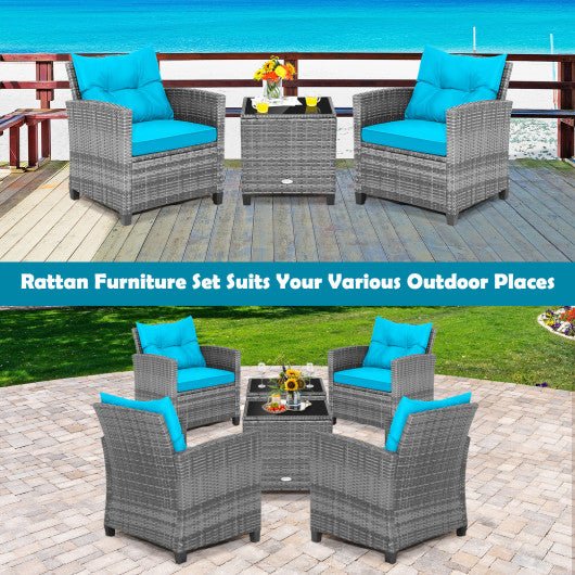  - 3 Pieces Outdoor Wicker Conversation Set with Tempered Glass Tabletop - Outdoor Style Company