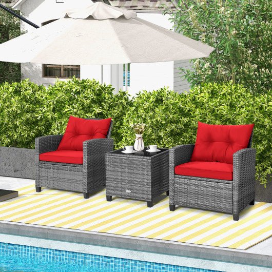  - 3 Pieces Outdoor Wicker Conversation Set with Tempered Glass Tabletop - Outdoor Style Company