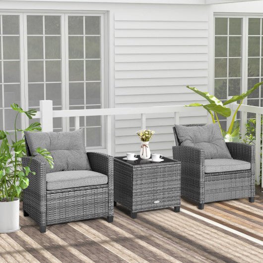  - 3 Pieces Outdoor Wicker Conversation Set with Tempered Glass Tabletop - Outdoor Style Company