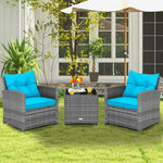  - 3 Pieces Outdoor Wicker Conversation Set with Tempered Glass Tabletop - Outdoor Style Company