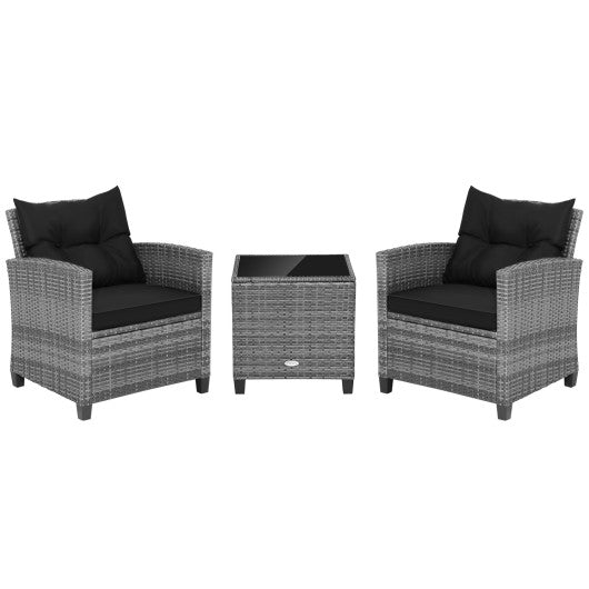  - 3 Pieces Outdoor Wicker Conversation Set with Tempered Glass Tabletop - Outdoor Style Company