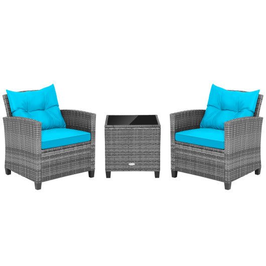  - 3 Pieces Outdoor Wicker Conversation Set with Tempered Glass Tabletop - Outdoor Style Company