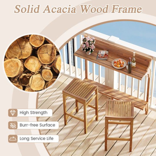  - 3 Pieces Patio Acacia Wood Bar Table Set with Footrest Curved Wood Seat - Outdoor Style Company