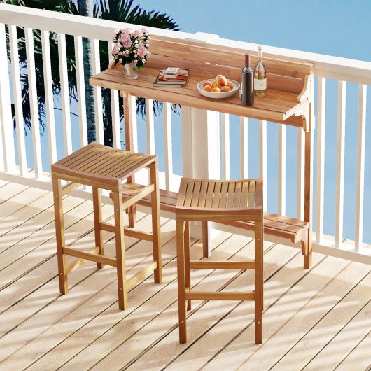  - 3 Pieces Patio Acacia Wood Bar Table Set with Footrest Curved Wood Seat - Outdoor Style Company