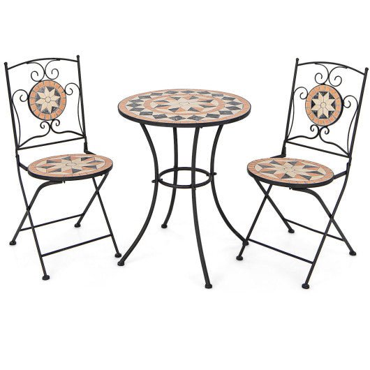  - 3 Pieces Patio Bistro Set with 1 Round Mosaic Table and 2 Folding Chairs - Outdoor Style Company