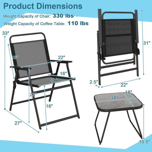  - 3 Pieces Patio Folding Conversation Chairs and Table - Outdoor Style Company