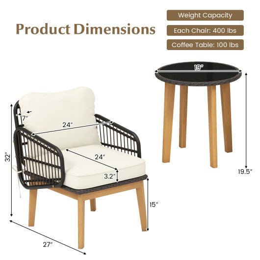  - 3 Pieces Patio Furniture Set with Cushioned Chairs and Tempered Glass Side Table - Outdoor Style Company