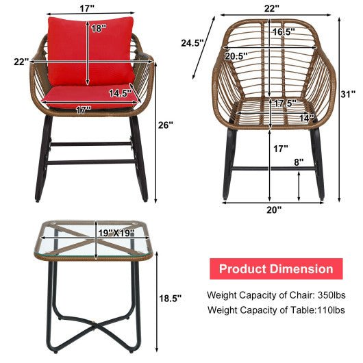  - 3 Pieces Patio Rattan Bistro Set Cushioned Chair Glass Table Deck - Outdoor Style Company