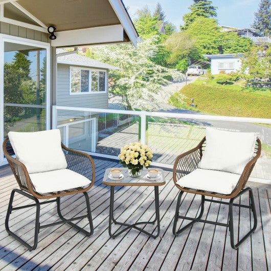  - 3 Pieces Patio Rattan Bistro Set Cushioned Chair Glass Table Deck - Outdoor Style Company