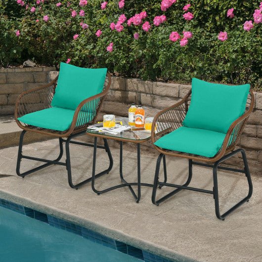  - 3 Pieces Patio Rattan Bistro Set Cushioned Chair Glass Table Deck - Outdoor Style Company