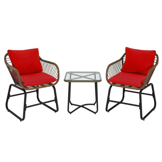  - 3 Pieces Patio Rattan Bistro Set Cushioned Chair Glass Table Deck - Outdoor Style Company