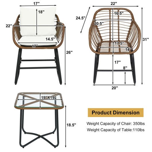  - 3 Pieces Patio Rattan Bistro Set Cushioned Chair Glass Table Deck - Outdoor Style Company