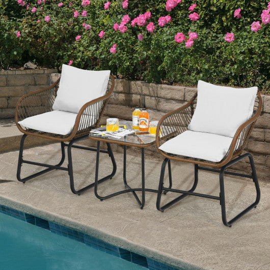  - 3 Pieces Patio Rattan Bistro Set Cushioned Chair Glass Table Deck - Outdoor Style Company