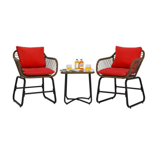  - 3 Pieces Patio Rattan Bistro Set Cushioned Chair Glass Table Deck - Outdoor Style Company